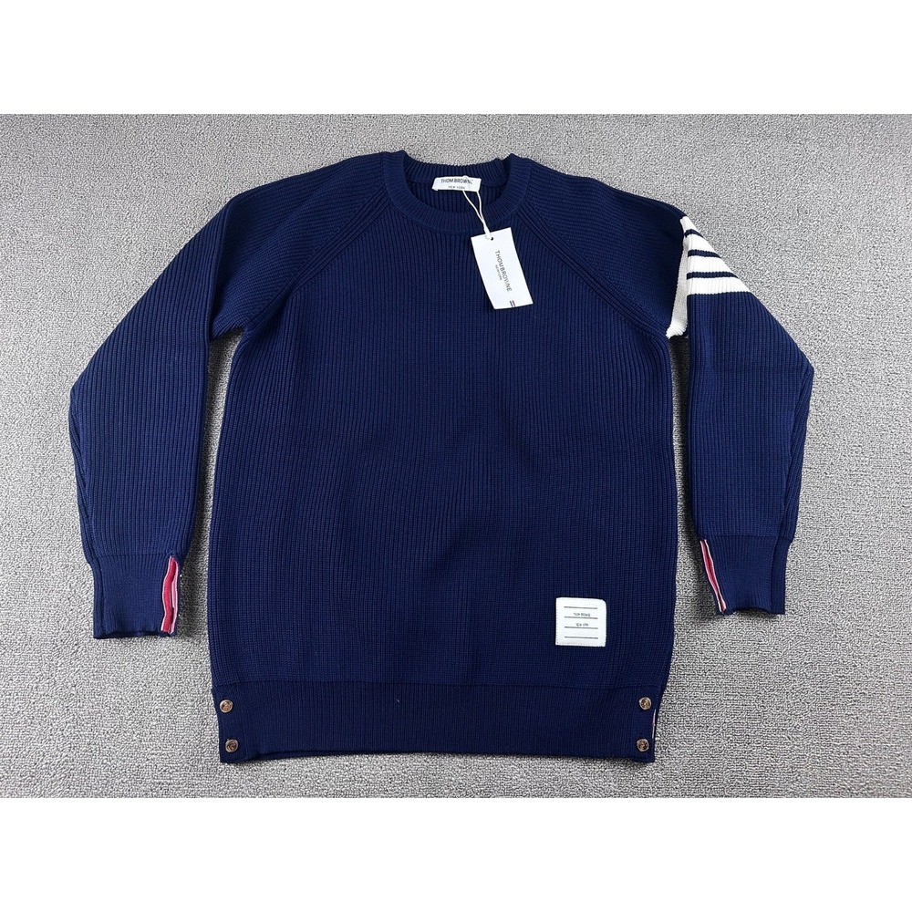 Thom Browne Sweater Men XXL Blue 4-Bar Crewneck Slim Striped Archive Academic